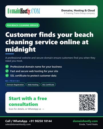 DomainHostly poster for Beach cleaning service: Customer finds your beach cleaning service online at midnight