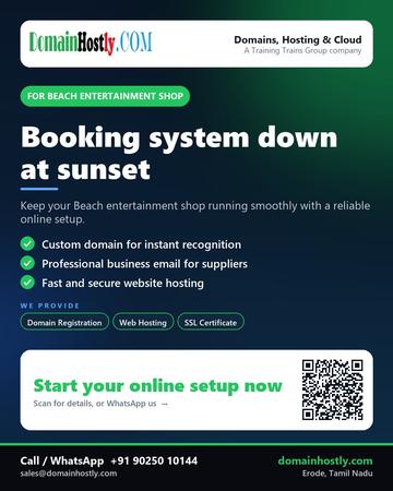 DomainHostly poster for Beach entertainment shop: Booking system down at sunset