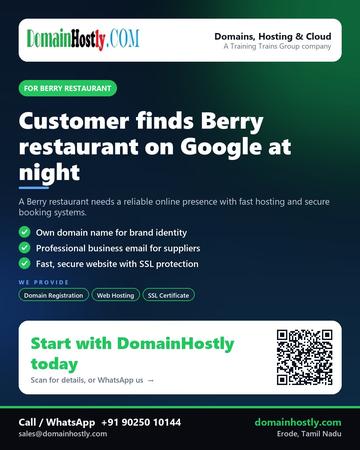 DomainHostly poster for Berry restaurant: Customer finds Berry restaurant on Google at night
