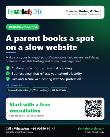 DomainHostly poster for Bilingual school: A parent books a spot on a slow website