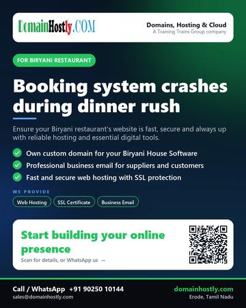DomainHostly poster for Biryani restaurant: Booking system crashes during dinner rush