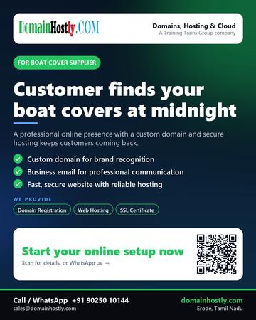 DomainHostly poster for Boat cover supplier: Customer finds your boat covers at midnight