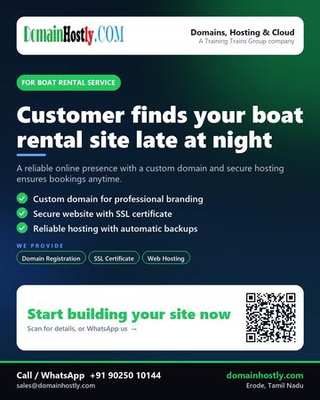 DomainHostly poster for Boat rental service: Customer finds your boat rental site late at night