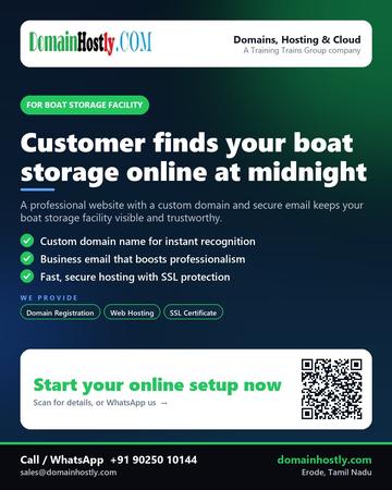 DomainHostly poster for Boat storage facility: Customer finds your boat storage online at midnight