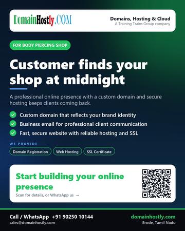 DomainHostly poster for Body piercing shop: Customer finds your shop at midnight
