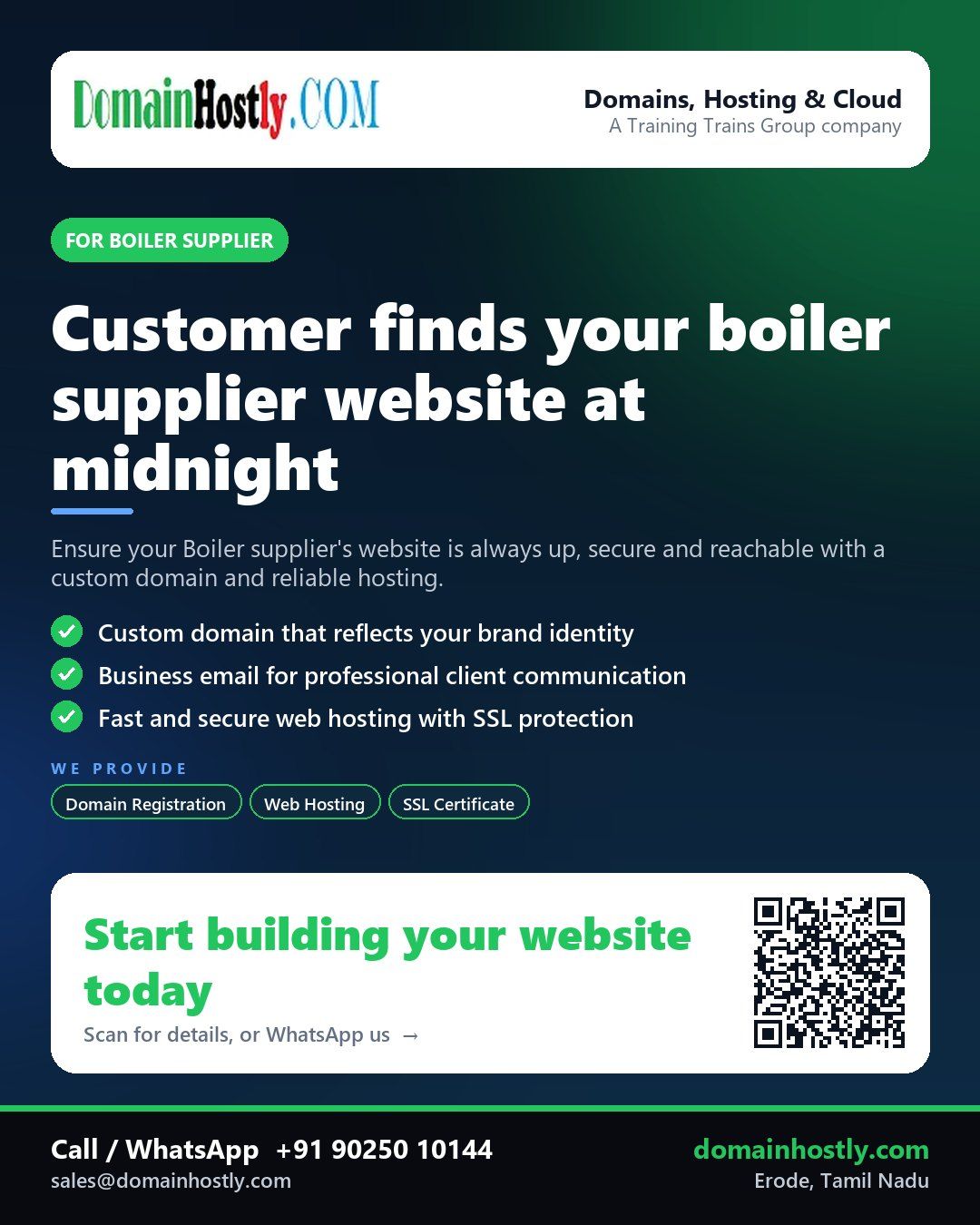 Boiler supplier with a custom domain and professional website on DomainHostly