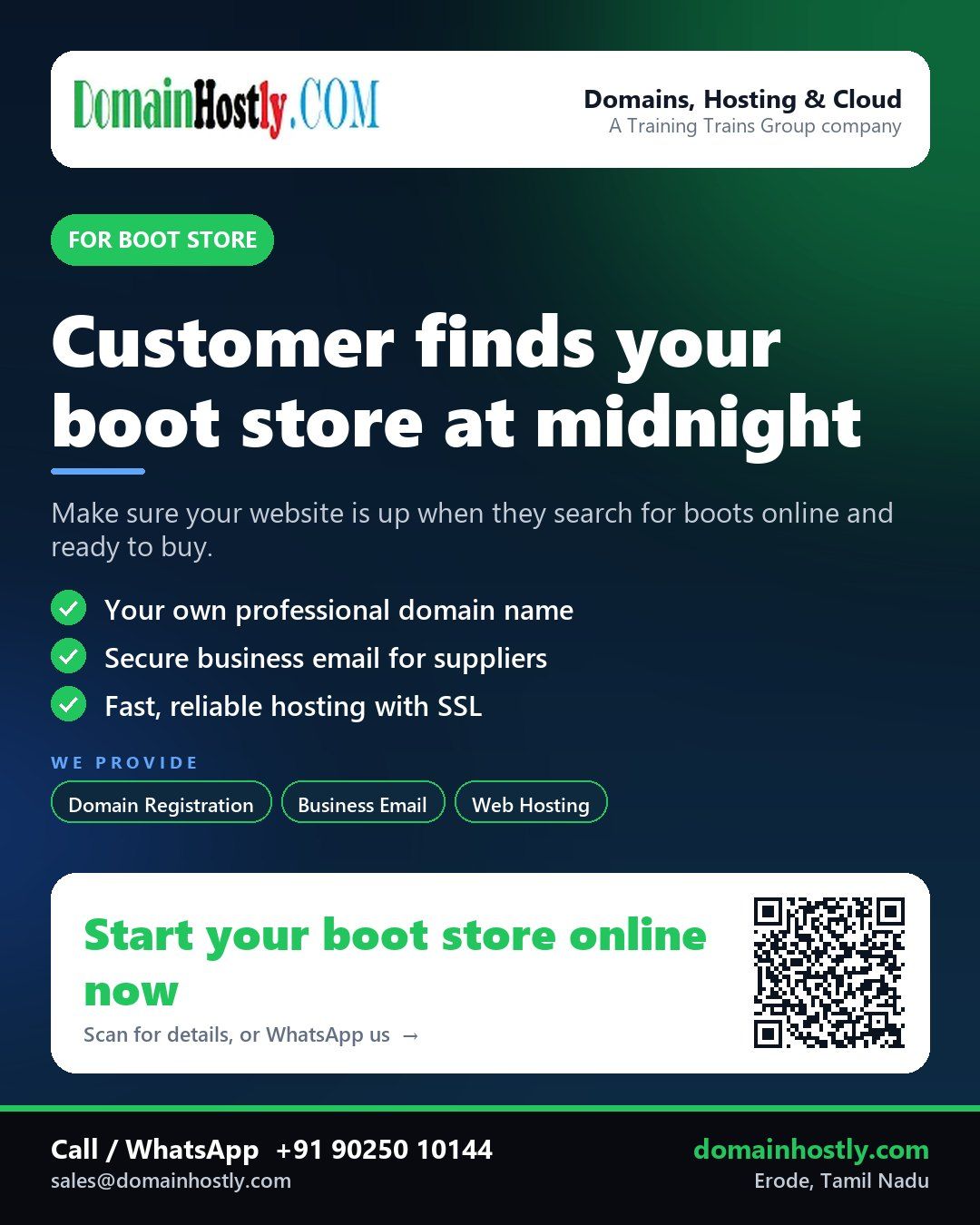 Boot store owner using a laptop to manage their online shop with DomainHostly