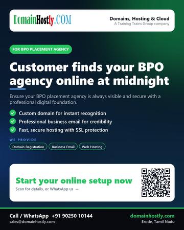 DomainHostly poster for BPO placement agency: Customer finds your BPO agency online at midnight