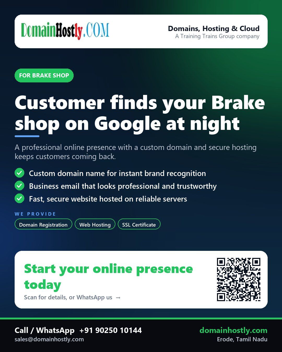 Brake shop owner using DomainHostly to build a professional online presence