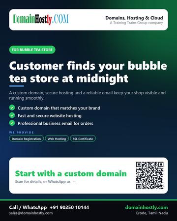 DomainHostly poster for Bubble tea store: Customer finds your bubble tea store at midnight