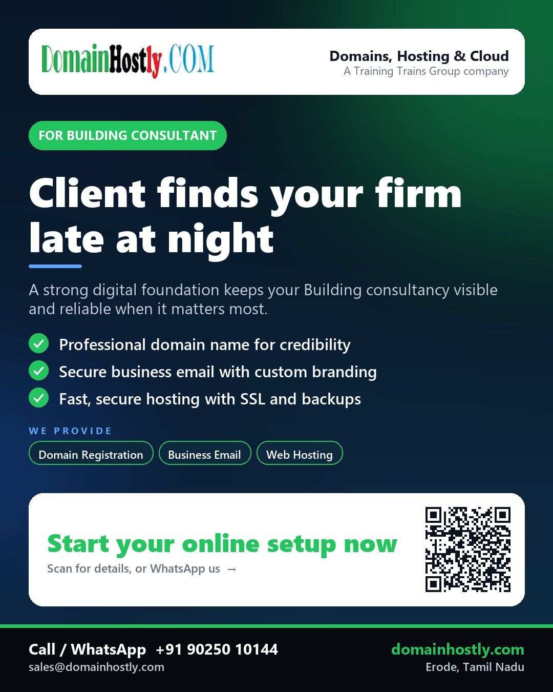 DomainHostly - Building consultant with custom domain, secure website, and professional email