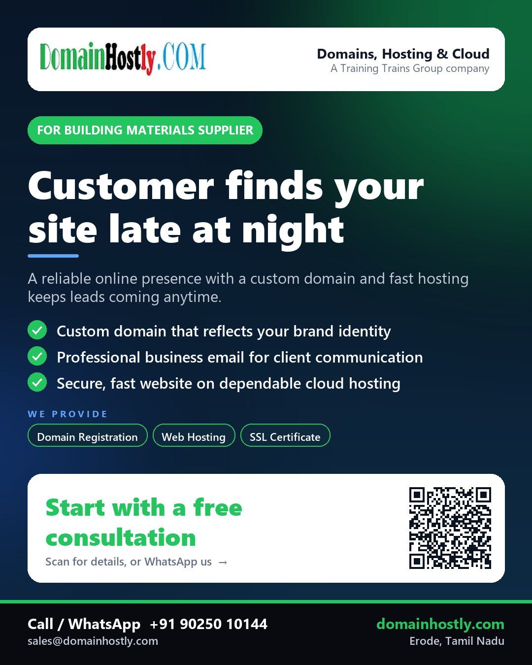 Building materials supplier using DomainHostly for a custom domain, secure website, and business email