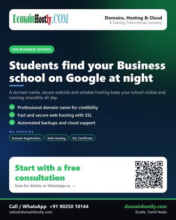 DomainHostly poster for Business school: Students find your Business school on Google at night