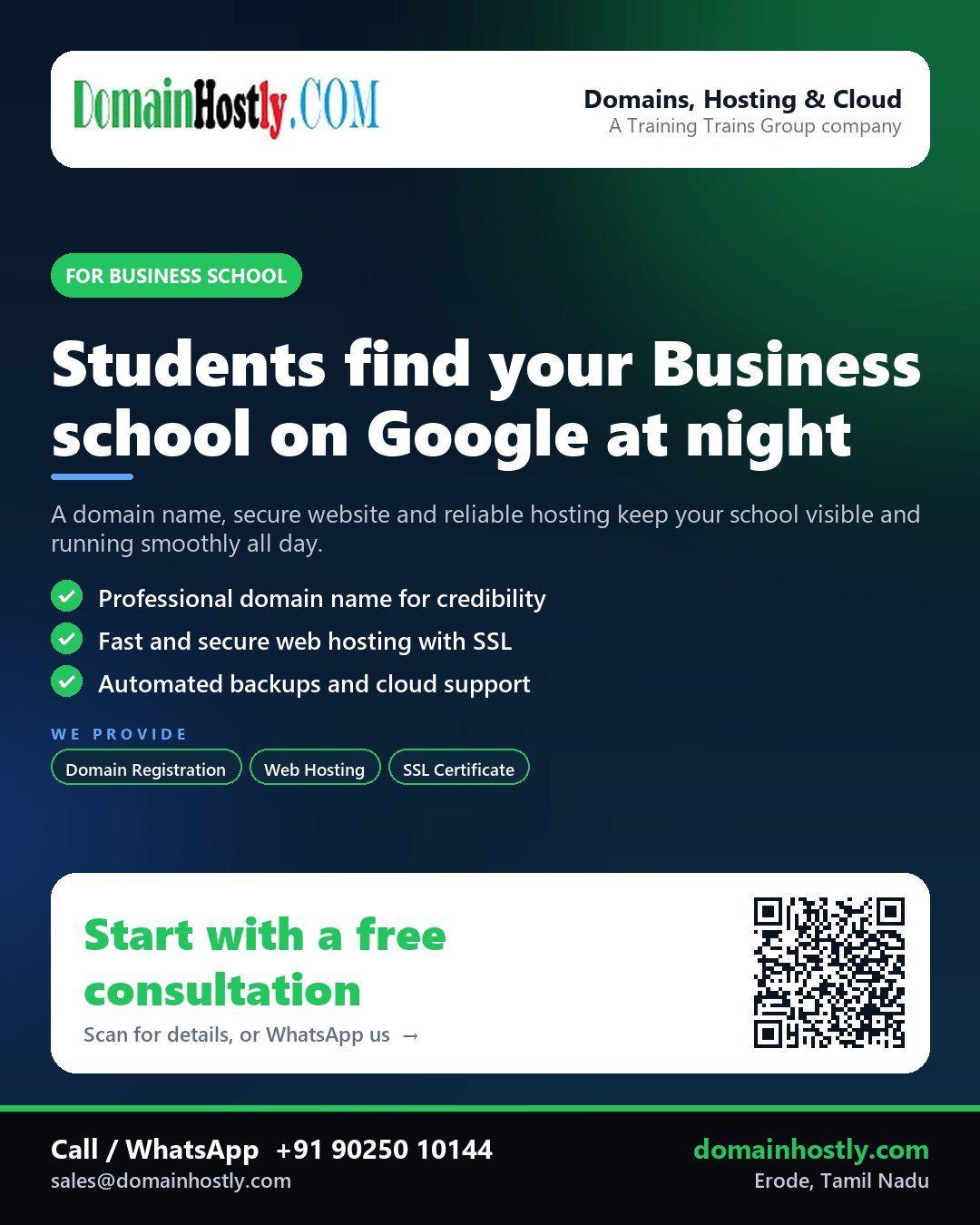 DomainHostly providing domain and hosting services for a Business school