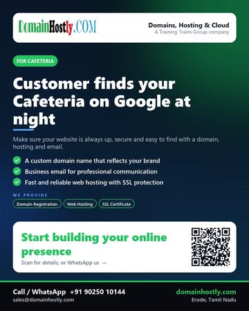 DomainHostly poster for Cafeteria: Customer finds your Cafeteria on Google at night