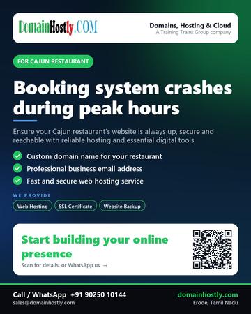 DomainHostly poster for Cajun restaurant: Booking system crashes during peak hours