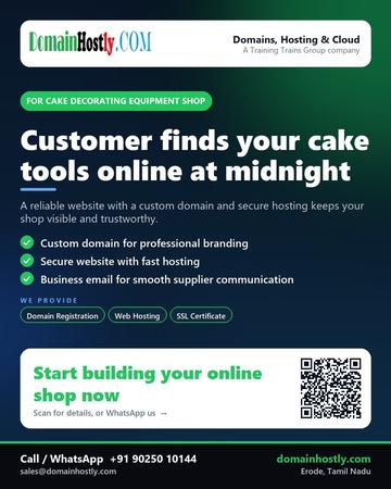 DomainHostly poster for Cake decorating equipment shop: Customer finds your cake tools online at midnight