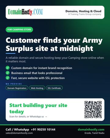 DomainHostly poster for Camping store: Customer finds your Army Surplus site at midnight