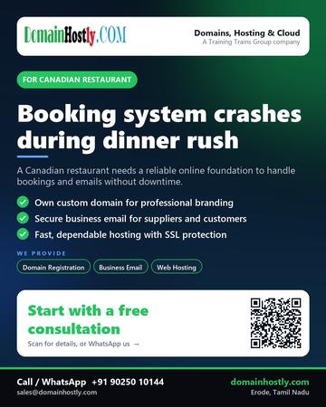 DomainHostly poster for Canadian restaurant: Booking system crashes during dinner rush