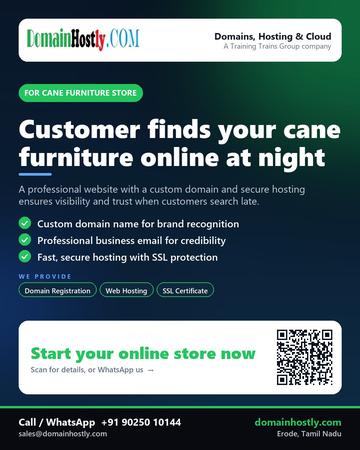 DomainHostly poster for Cane furniture store: Customer finds your cane furniture online at night