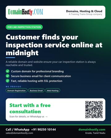 DomainHostly poster for Car inspection station: Customer finds your inspection service online at midnight