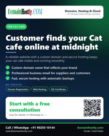 DomainHostly poster for Cat cafe: Customer finds your Cat cafe online at midnight