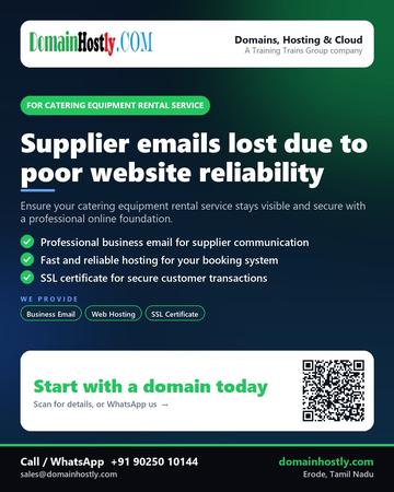 DomainHostly poster for Catering equipment rental service: Supplier emails lost due to poor website reliability
