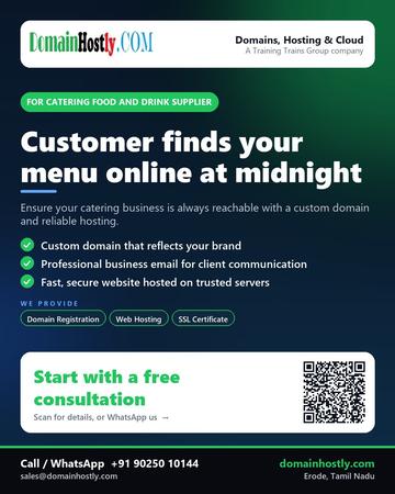 DomainHostly poster for Catering food and drink supplier: Customer finds your menu online at midnight
