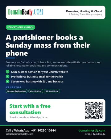 DomainHostly poster for Catholic church: A parishioner books a Sunday mass from their phone