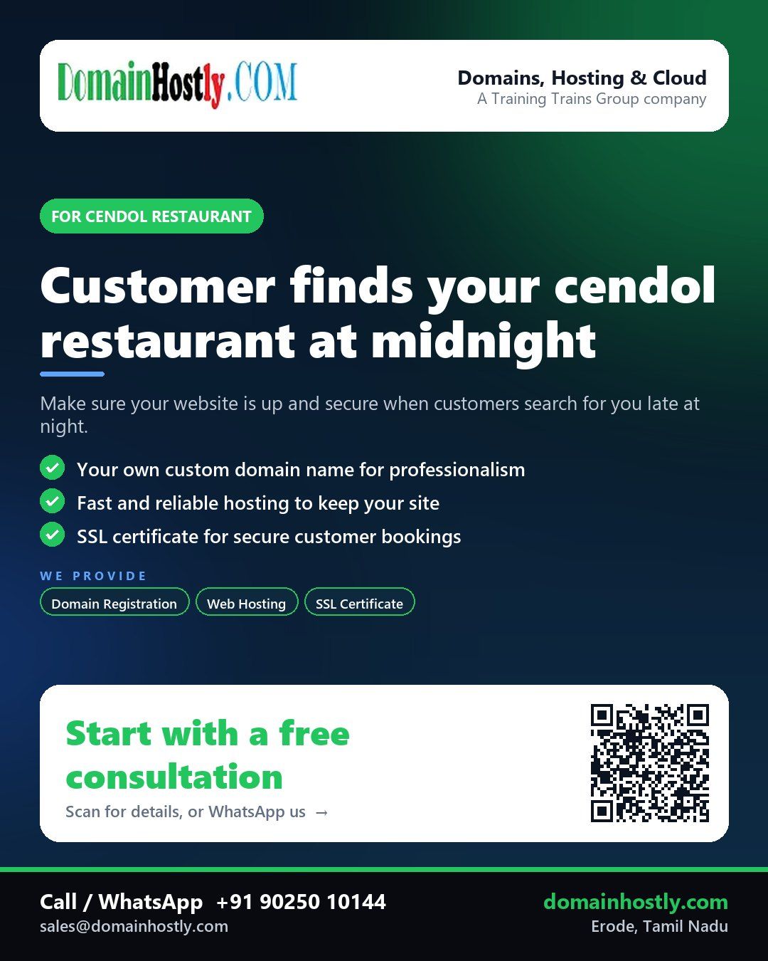 Cendol restaurant logo with DomainHostly branding showing website security and hosting solutions