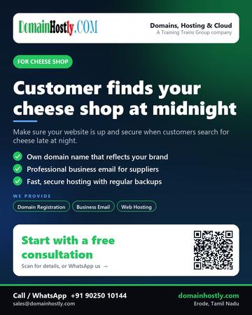 DomainHostly poster for Cheese shop: Customer finds your cheese shop at midnight