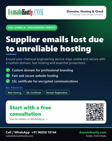 DomainHostly poster for Chemical engineering service: Supplier emails lost due to unreliable hosting