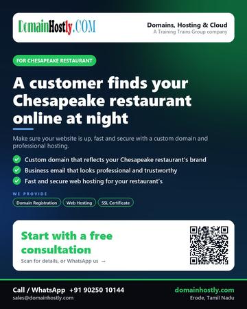 DomainHostly poster for Chesapeake restaurant: A customer finds your Chesapeake restaurant online at night