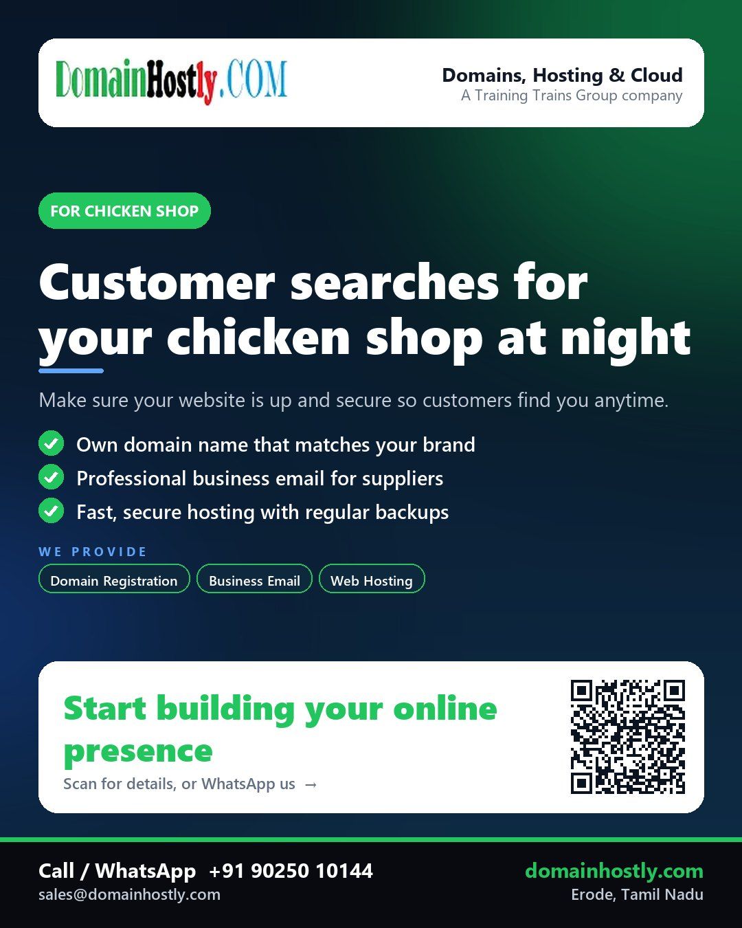 Chicken shop owner using DomainHostly to build a website with domain name and secure hosting