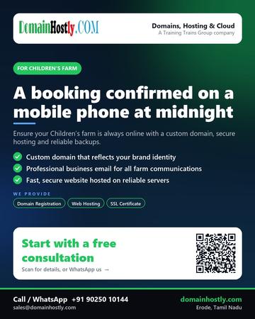 DomainHostly poster for Children’s farm: A booking confirmed on a mobile phone at midnight