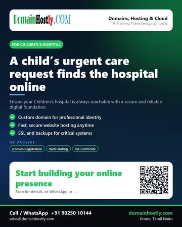 DomainHostly poster for Children’s hospital: A child’s urgent care request finds the hospital online