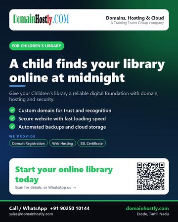 DomainHostly poster for Children’s library: A child finds your library online at midnight