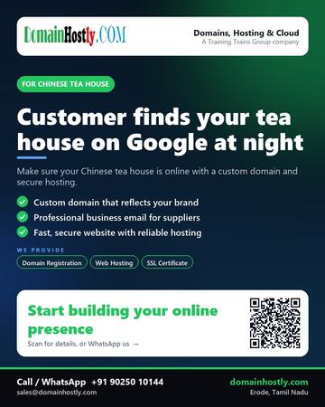 DomainHostly poster for Chinese tea house: Customer finds your tea house on Google at night