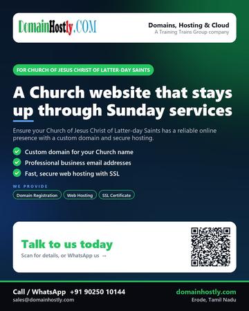 DomainHostly poster for Church of Jesus Christ of Latter-day Saints: A Church website that stays up through Sunday services