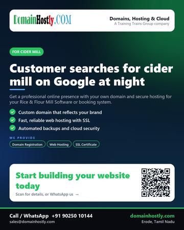 DomainHostly poster for Cider mill: Customer searches for cider mill on Google at night