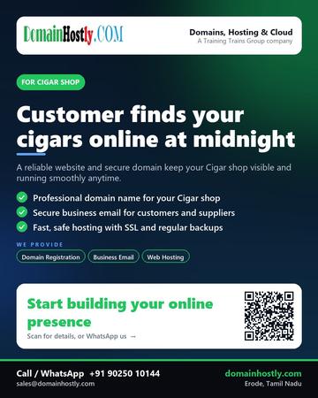 DomainHostly poster for Cigar shop: Customer finds your cigars online at midnight