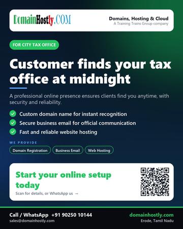 DomainHostly poster for City tax office: Customer finds your tax office at midnight