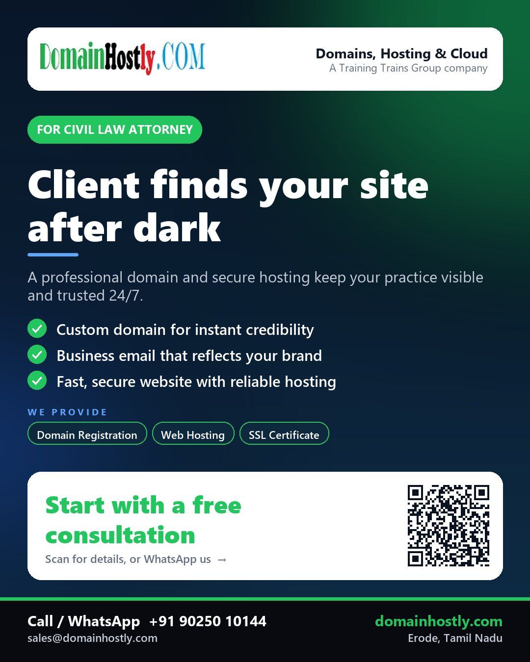 Civil law attorney with DomainHostly - professional domain name, business email and secure website hosting
