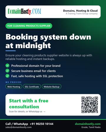 DomainHostly poster for Cleaning products supplier: Booking system down at midnight