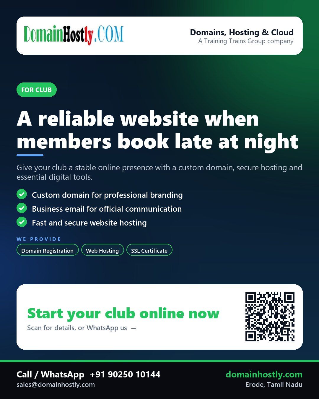 DomainHostly Club Online Solutions - Custom domain, business email, and fast hosting for clubs