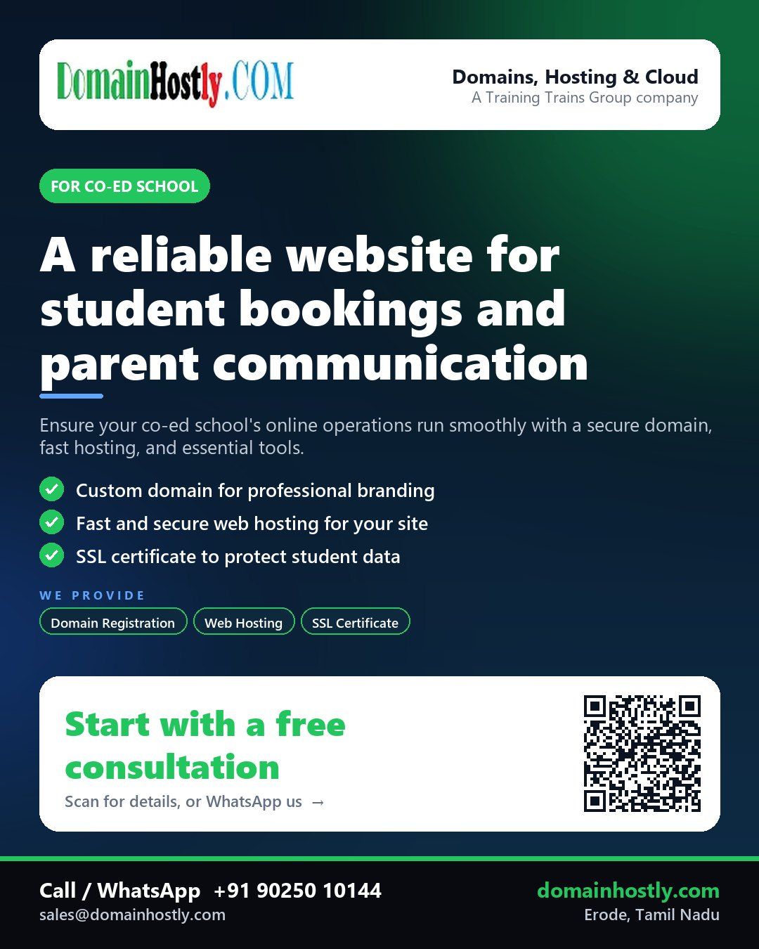 Co-ed school logo with DomainHostly branding showing secure website and business email setup