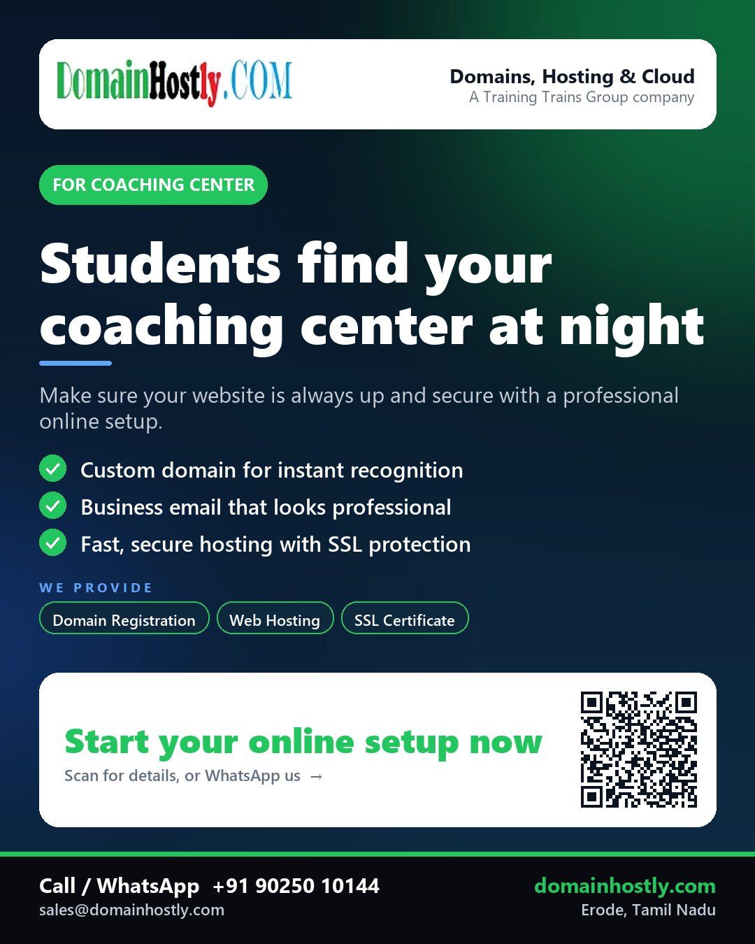 Coaching center brand with a custom domain, business email, and secure website on DomainHostly