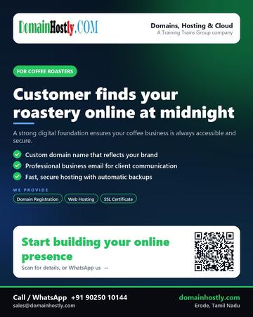 DomainHostly poster for Coffee roasters: Customer finds your roastery online at midnight