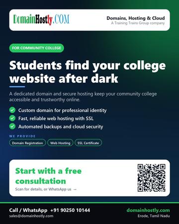 DomainHostly poster for Community college: Students find your college website after dark