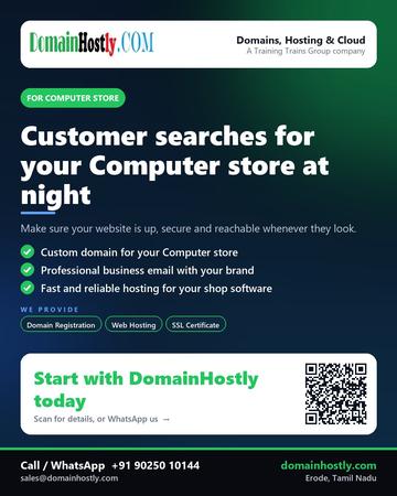 DomainHostly poster for Computer store: Customer searches for your Computer store at night